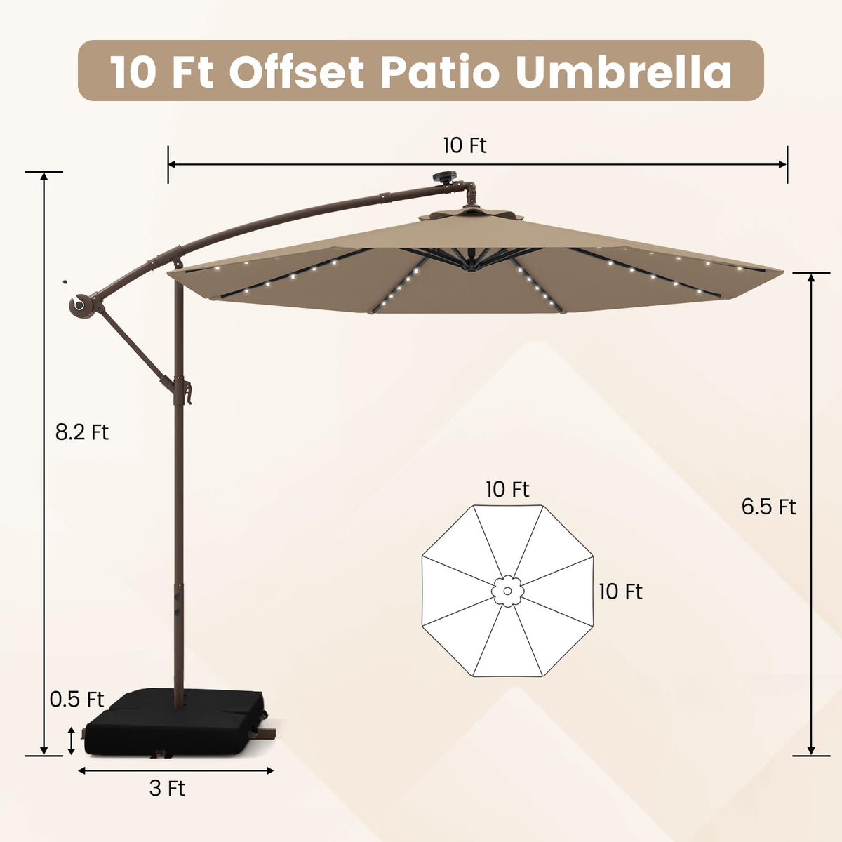 10FT Offset Patio Umbrella with Base and 40 Solar LED Lights I2047