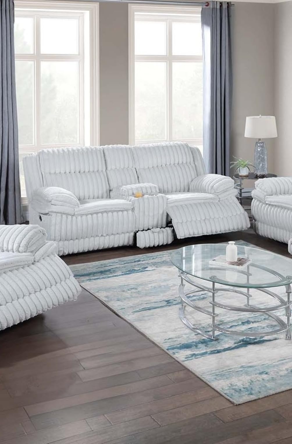 Light Gray Corduroy Recliner Loveseat with Drawer Console S8090