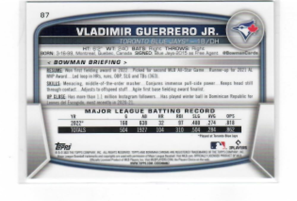 2023 Bowman Chrome Mega Box Mojo Refractor Aqua #87 Vladimir Guerrero Jr. /225 Toronto Blue Jays Baseball NM-MT X8995