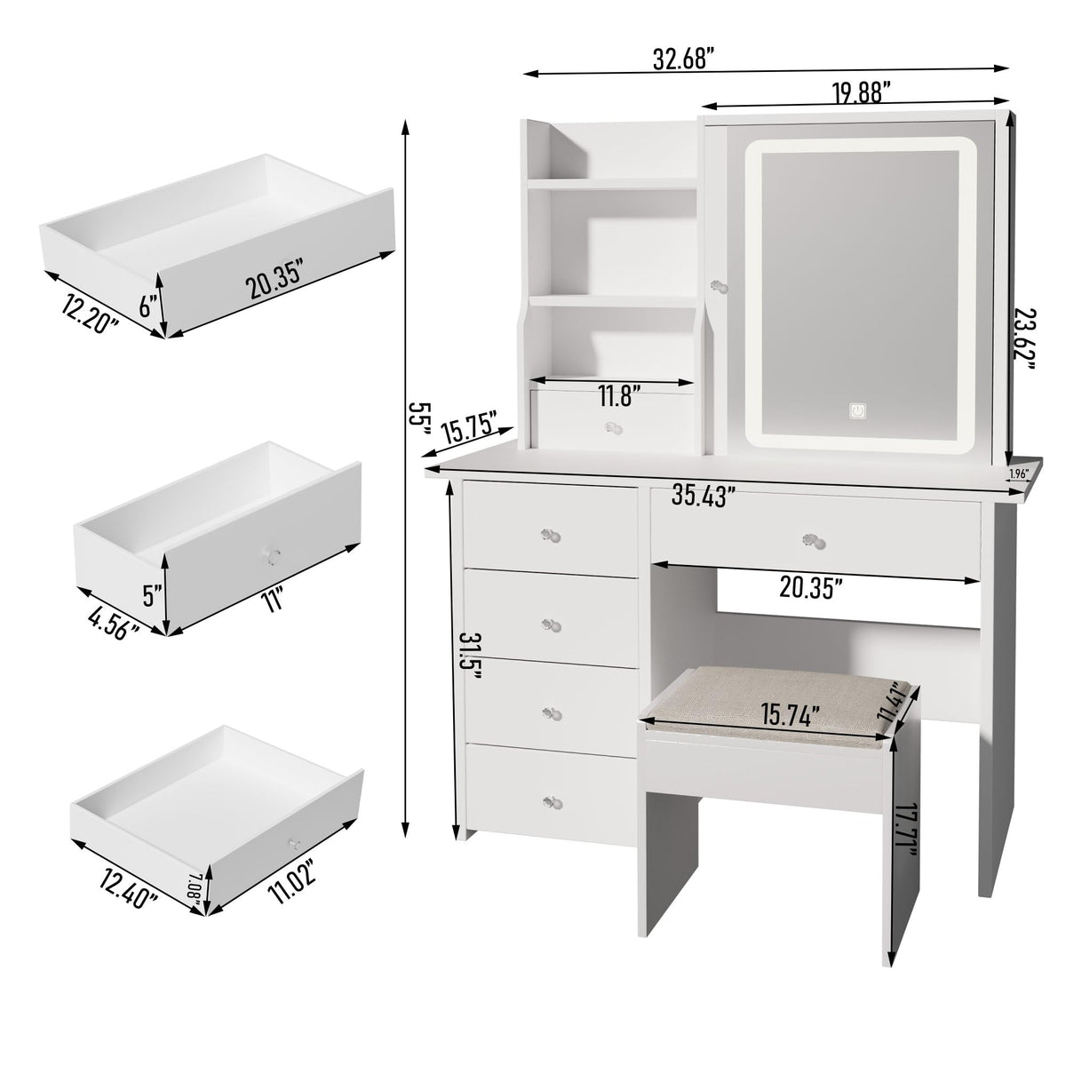 White Makeup Vanity Desk with LED Lights Mirror K368