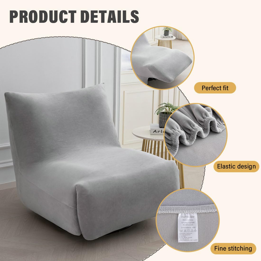 Light Gray Velvet Oversized Recliner Chair Cover N570