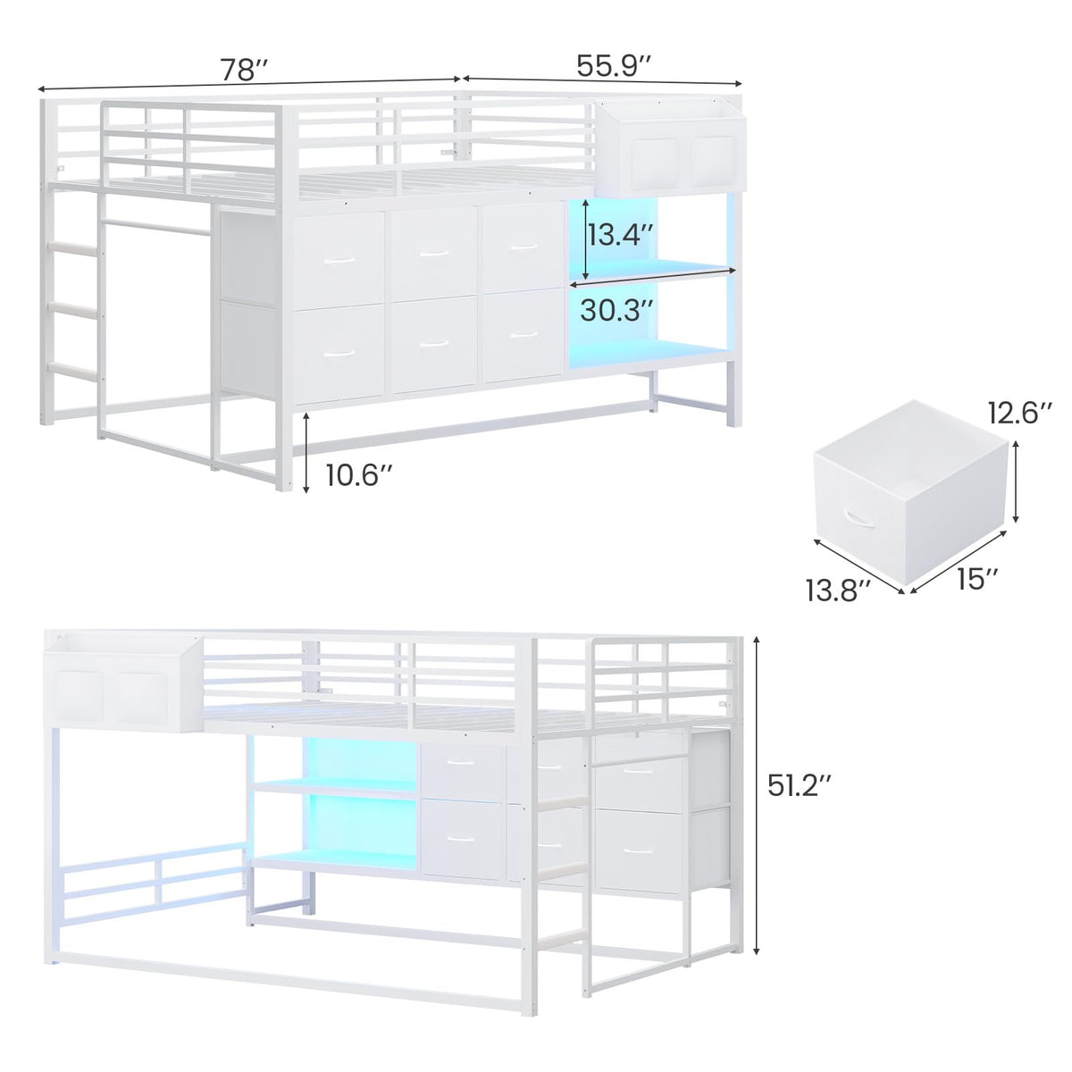 White Full Over Twin Bunk Bed with 6 Drawers and LED Lights F10371