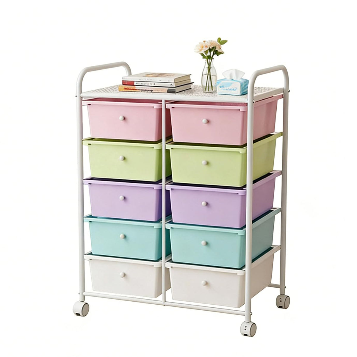 Rolling Storage Drawer Cart with Wheels and Carbon Steel Tabletop B967977