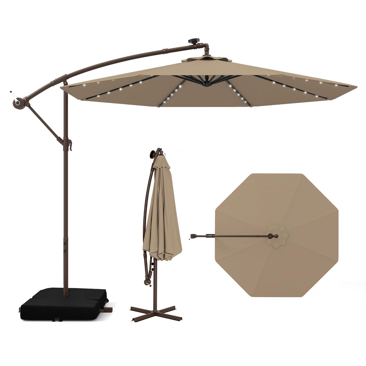 10FT Offset Patio Umbrella with Base and 40 Solar LED Lights I2047