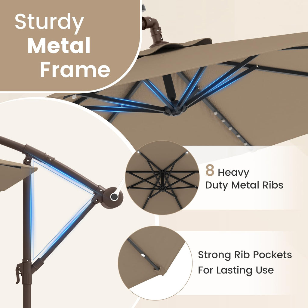 10FT Offset Patio Umbrella with Base and 40 Solar LED Lights I2047