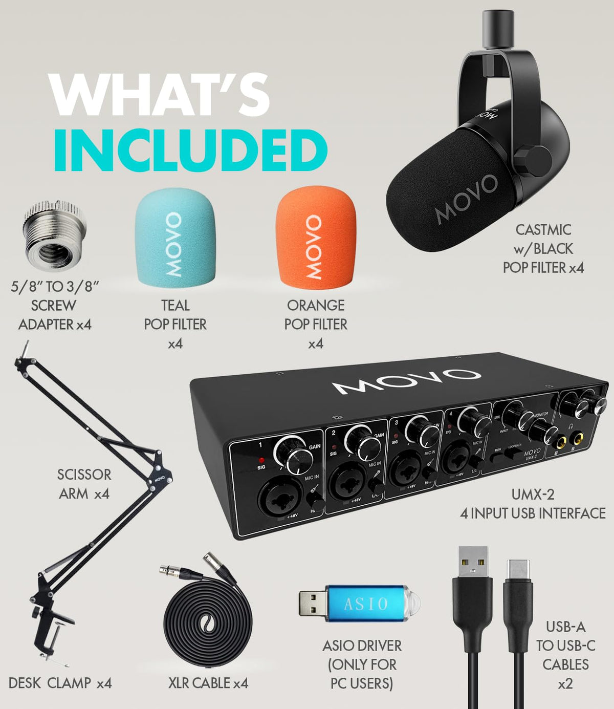 4-Person Podcast Equipment Bundle with 4-Channel USB Audio Interface and 4 Dynamic Microphones V178830