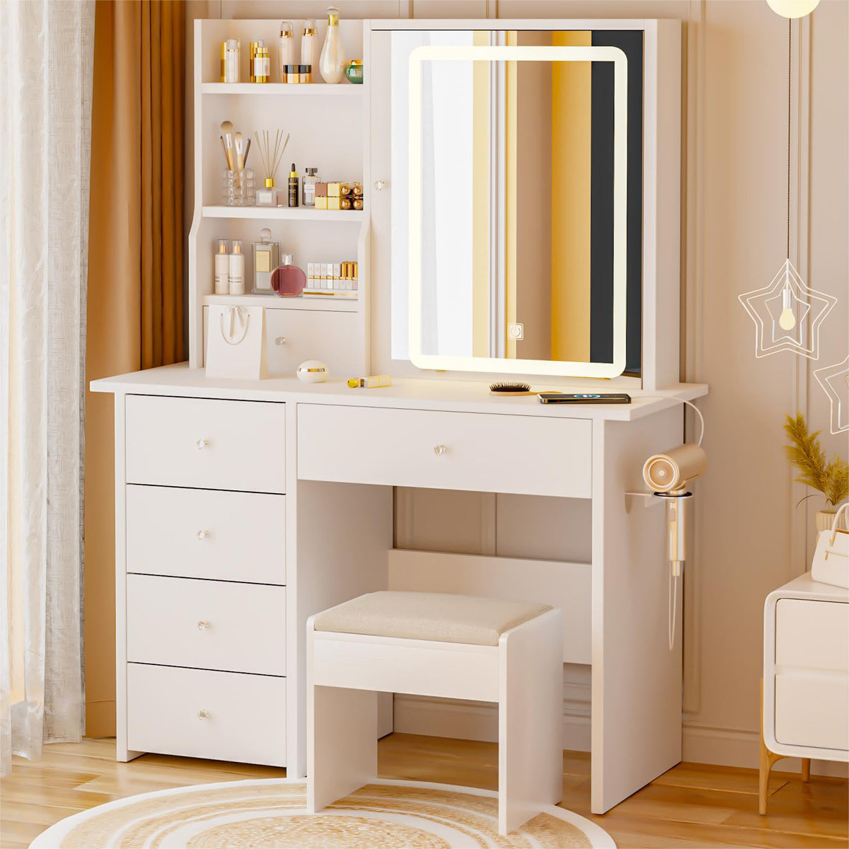 White Makeup Vanity Desk with LED Lights Mirror K368