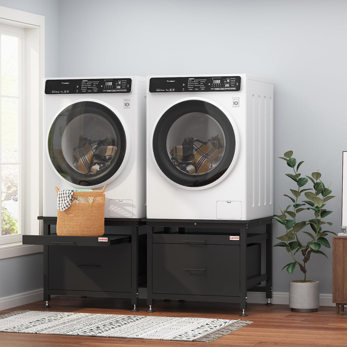 29" Black Metal Washer and Dryer Pedestal with Drawer V39024