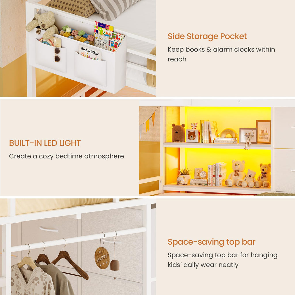White Full Over Twin Bunk Bed with 6 Drawers and LED Lights F10371
