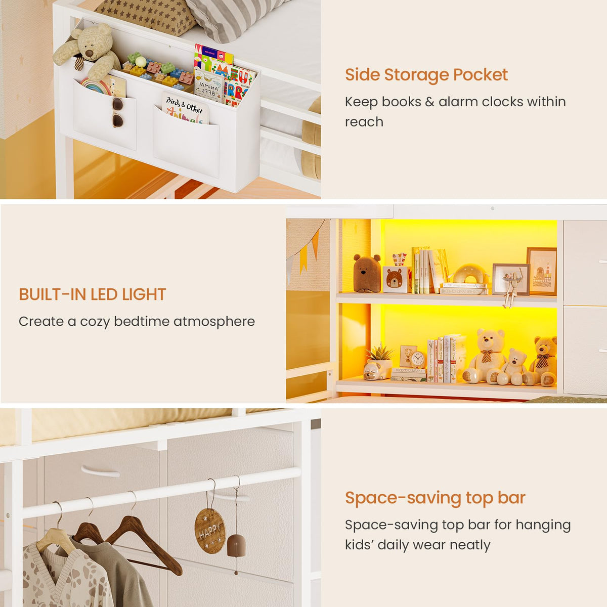 White Full Over Twin Bunk Bed with 6 Drawers and LED Lights F10371