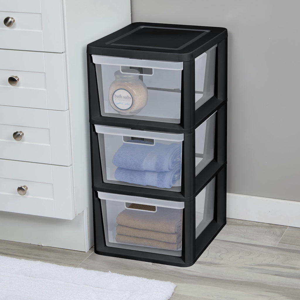 Black 3-Drawer Plastic Storage Tower with Clear Bins M8116