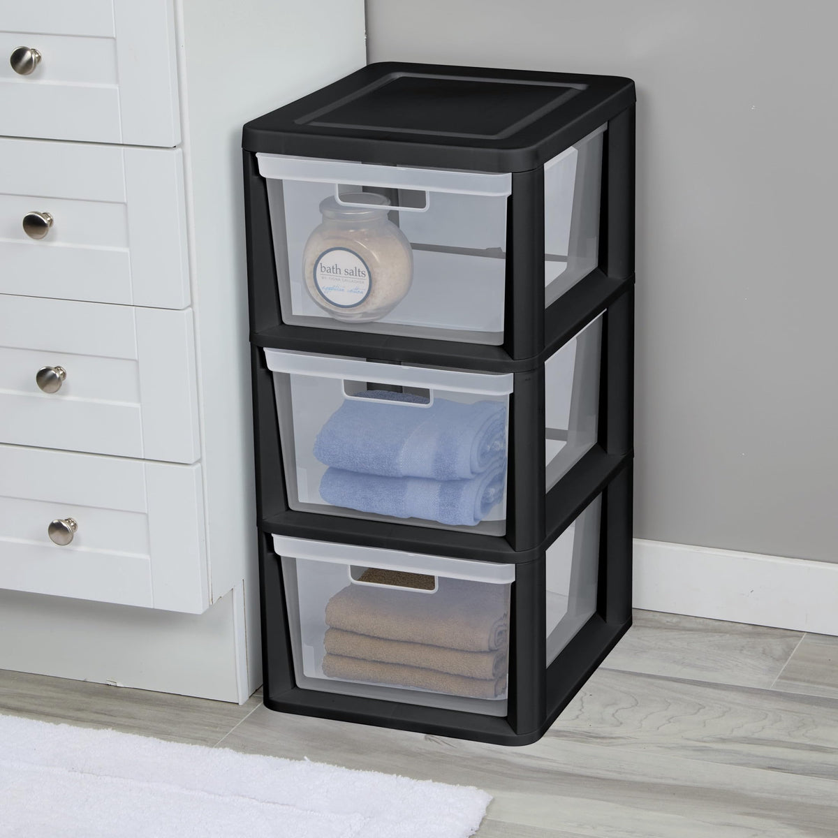 Black 3-Drawer Plastic Storage Tower with Clear Bins M8116