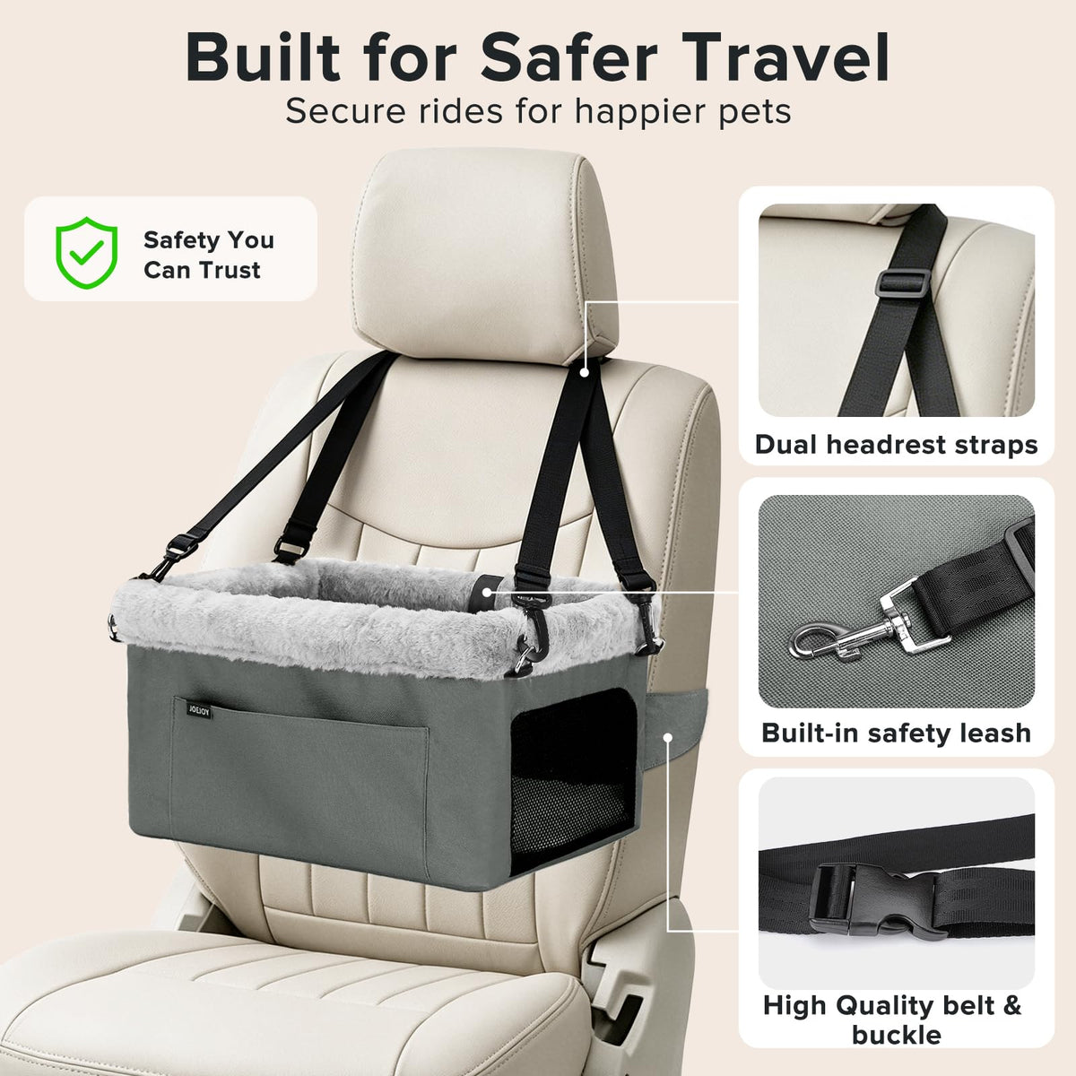 Dog Booster Seat with Metal Frame and Safety Leash, Grey O4817
