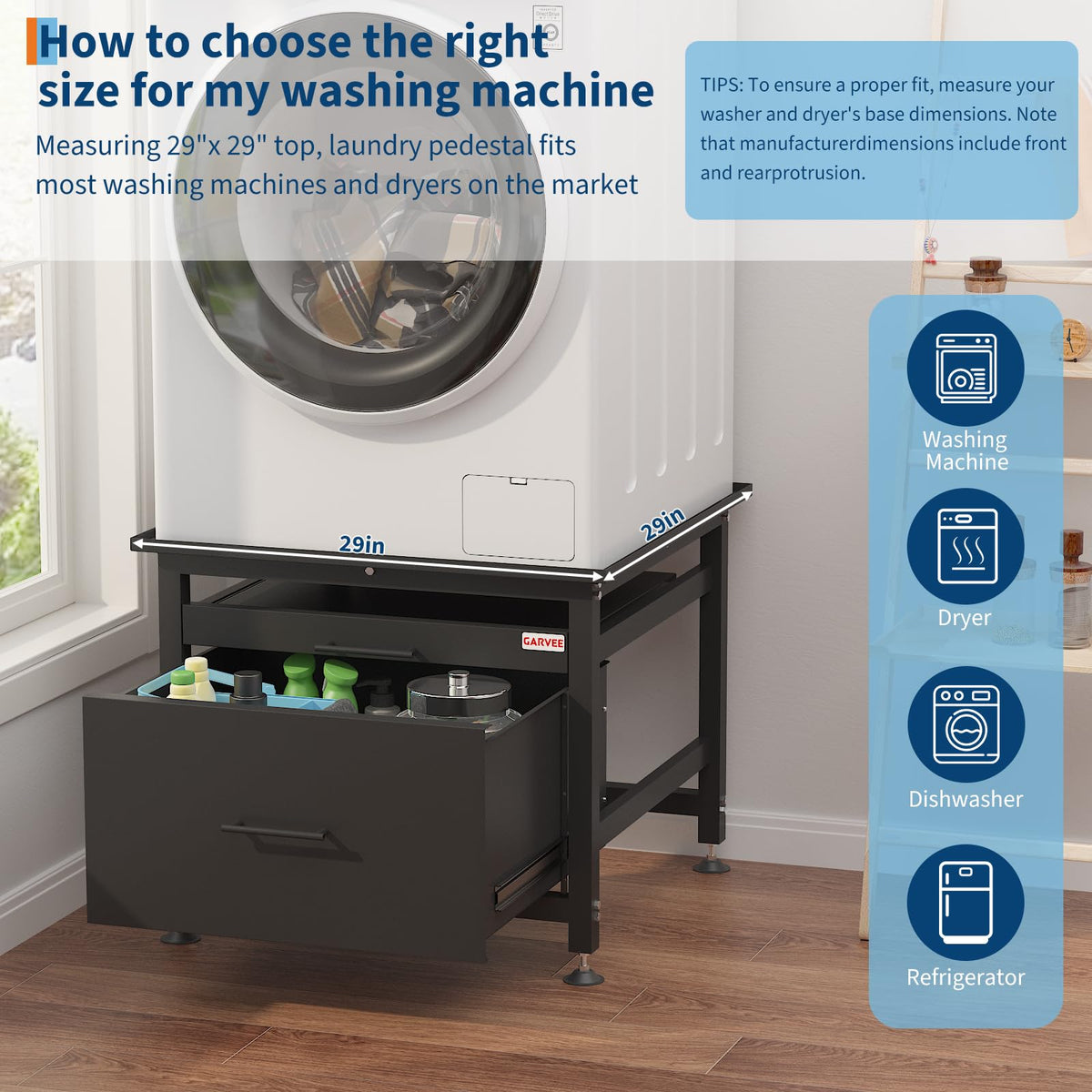 29" Black Metal Washer and Dryer Pedestal with Drawer V39024