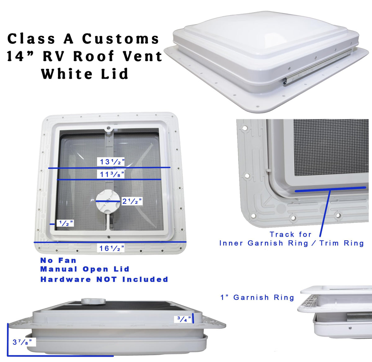 14" RV Roof Vent with White Lid and Manual Crank R76141