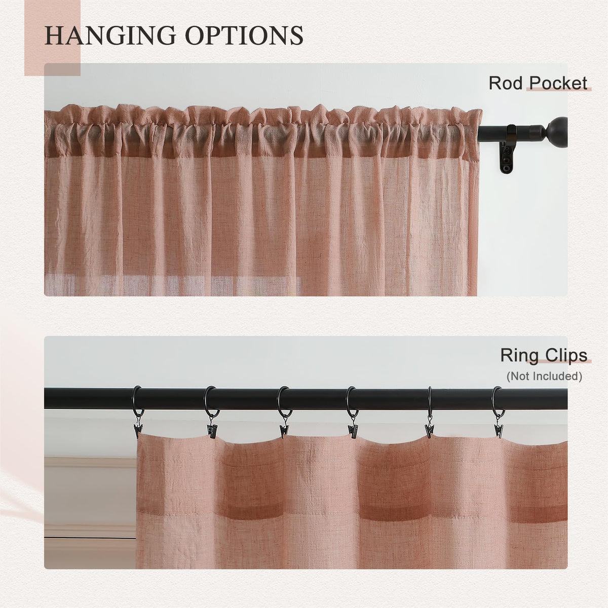 Blush Pink Sheer Cotton Linen Curtains 2 Panels E202688