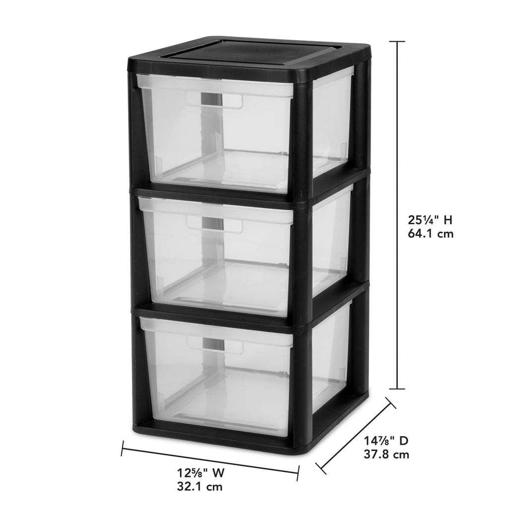 Black 3-Drawer Plastic Storage Tower with Clear Bins M8116