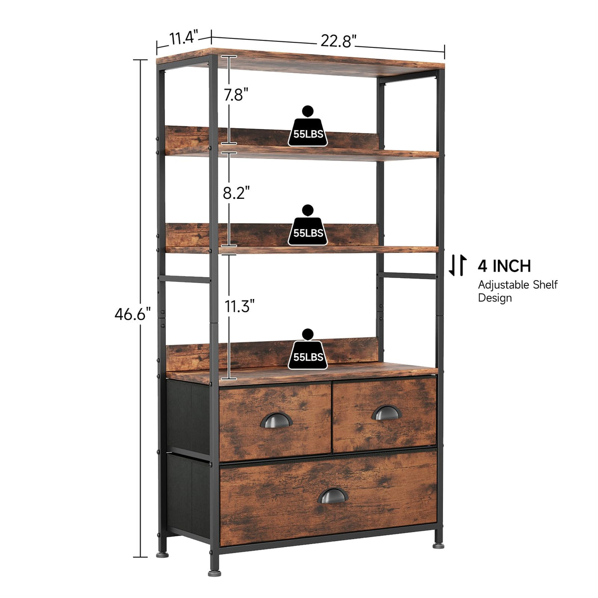 47-Inch 6 Tier Wood and Metal Bookshelf with 3 Fabric Drawers C901157