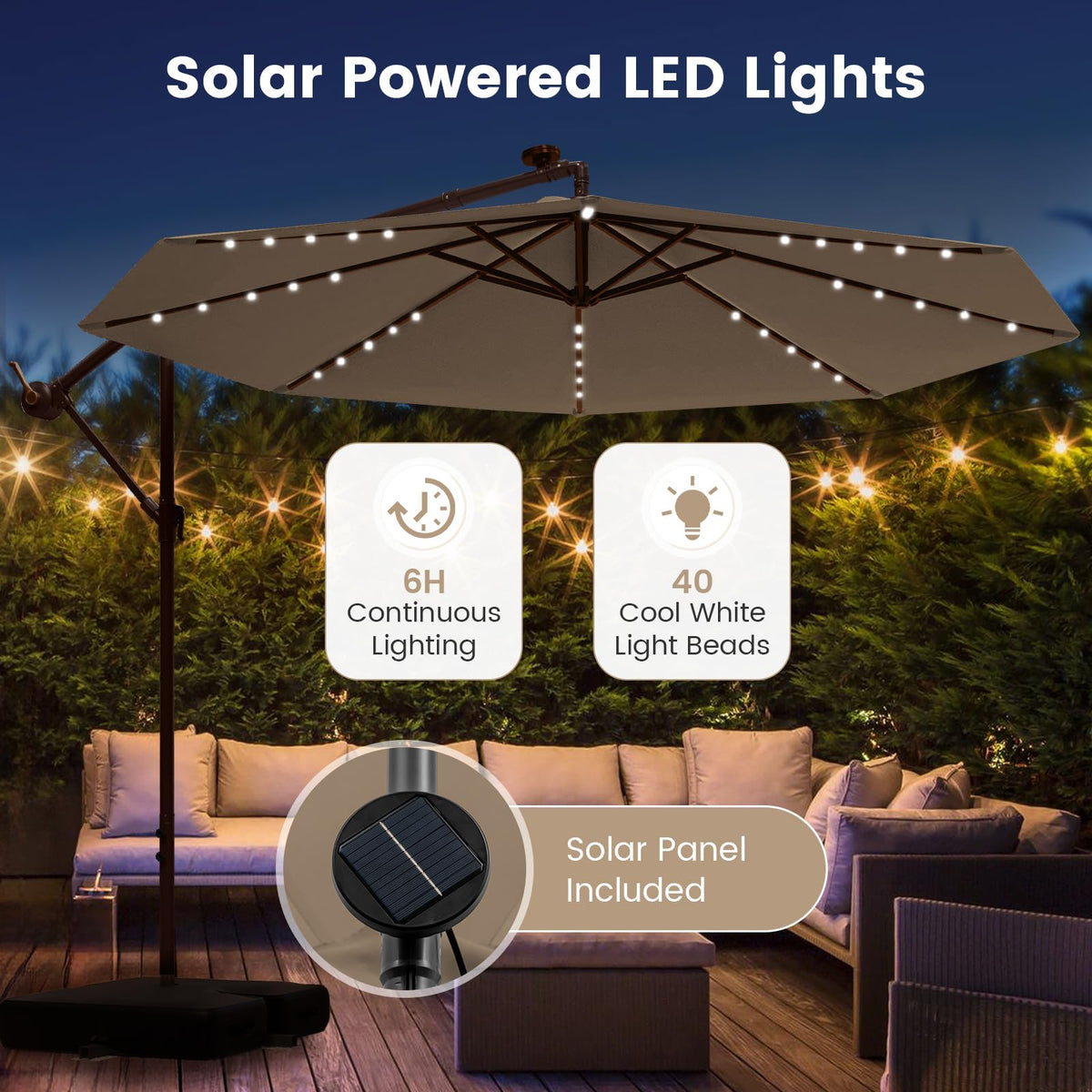 10FT Offset Patio Umbrella with Base and 40 Solar LED Lights I2047