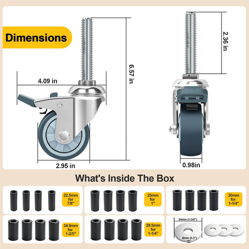 2 Inch Expanding Stem Caster Wheels with Locking Brake Set of 4 I122
