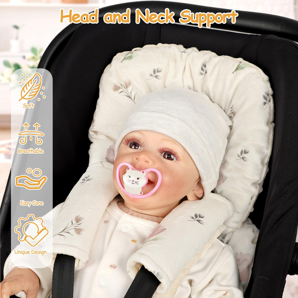 Infant Car Seat Insert with 2 Strap Pads, Reversible Head and Body Support W983