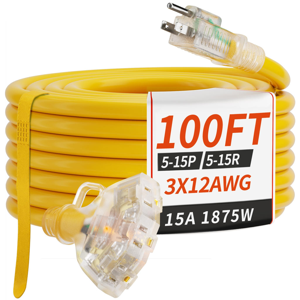 100 FT 12 Gauge Yellow Heavy Duty Outdoor Extension Cord Waterproof Q15128