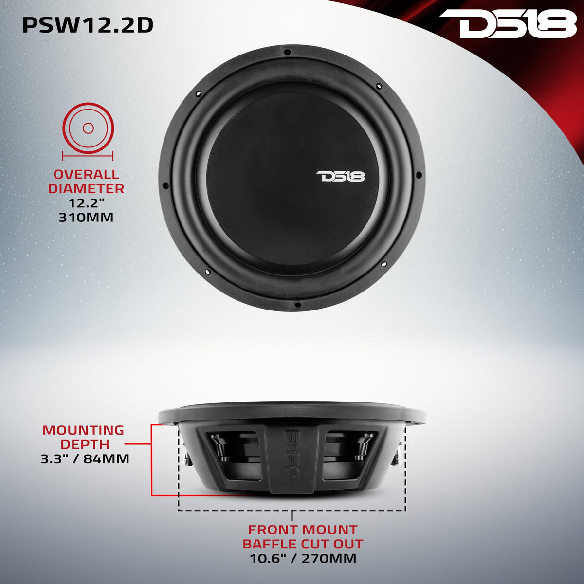 12" Shallow Mount Subwoofer 1200 Watts Max Power Dual Voice Coil 2+2 OHMS Water Resistant I543338