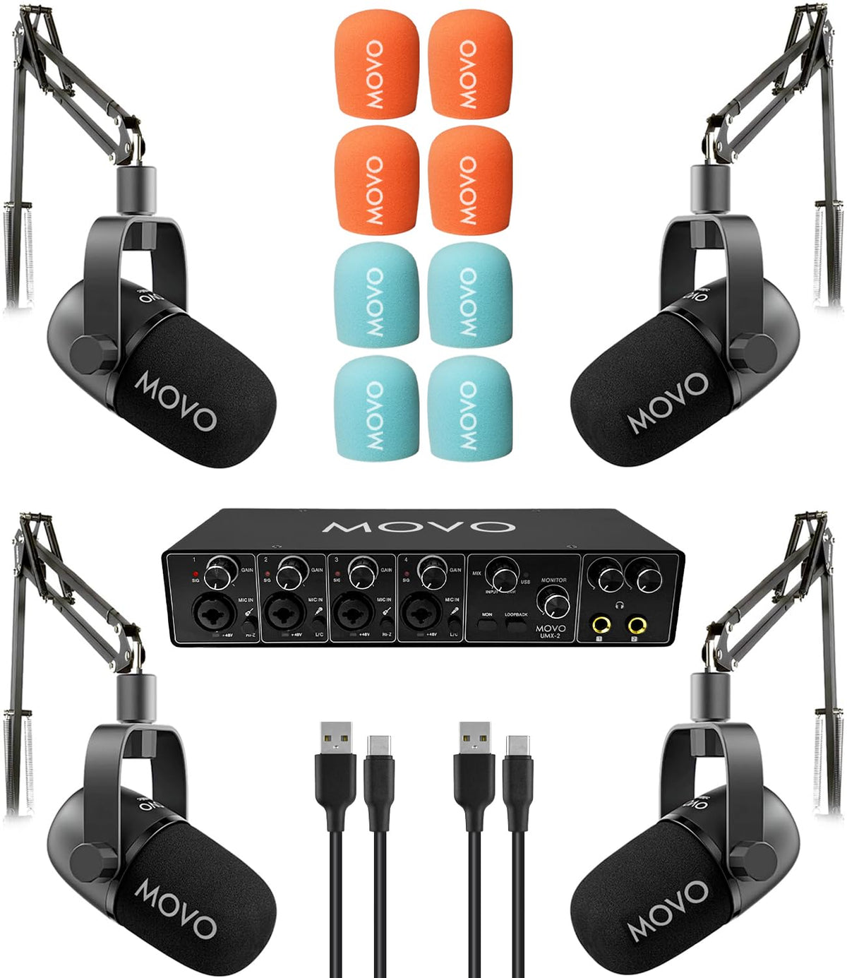 4-Person Podcast Equipment Bundle with 4-Channel USB Audio Interface and 4 Dynamic Microphones V178830