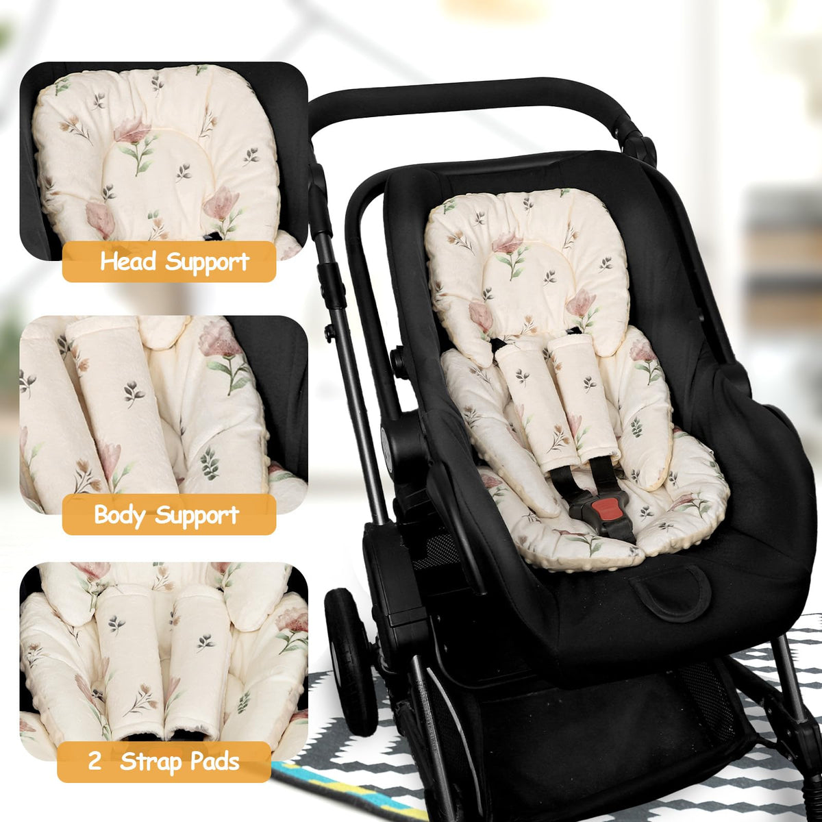 Infant Car Seat Insert with 2 Strap Pads, Reversible Head and Body Support W983