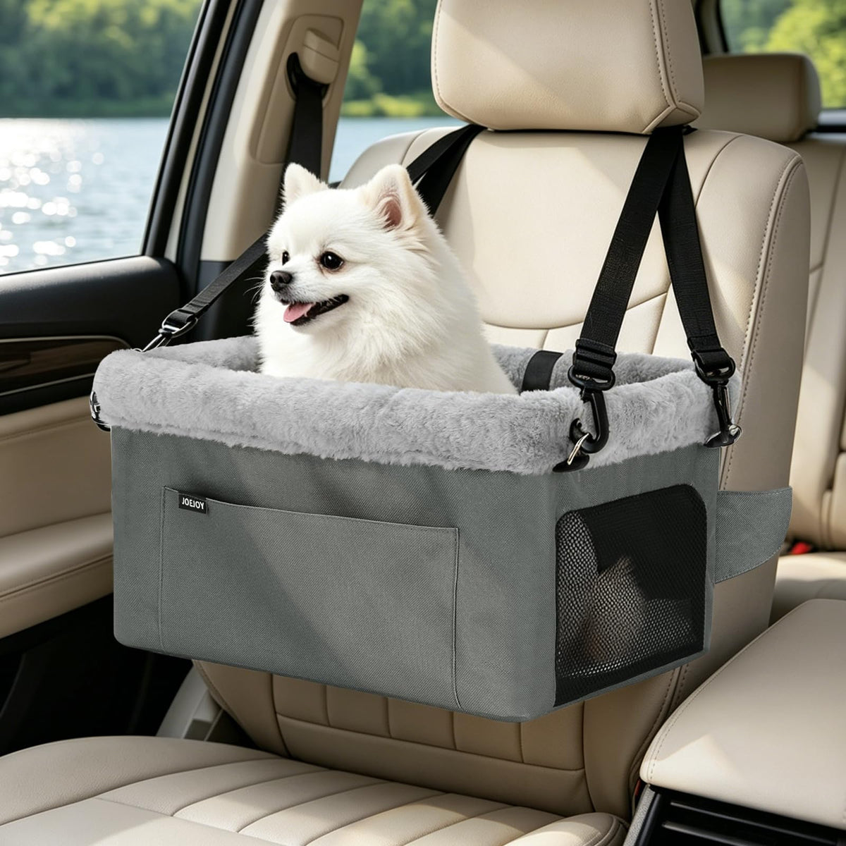 Dog Booster Seat with Metal Frame and Safety Leash, Grey O4817