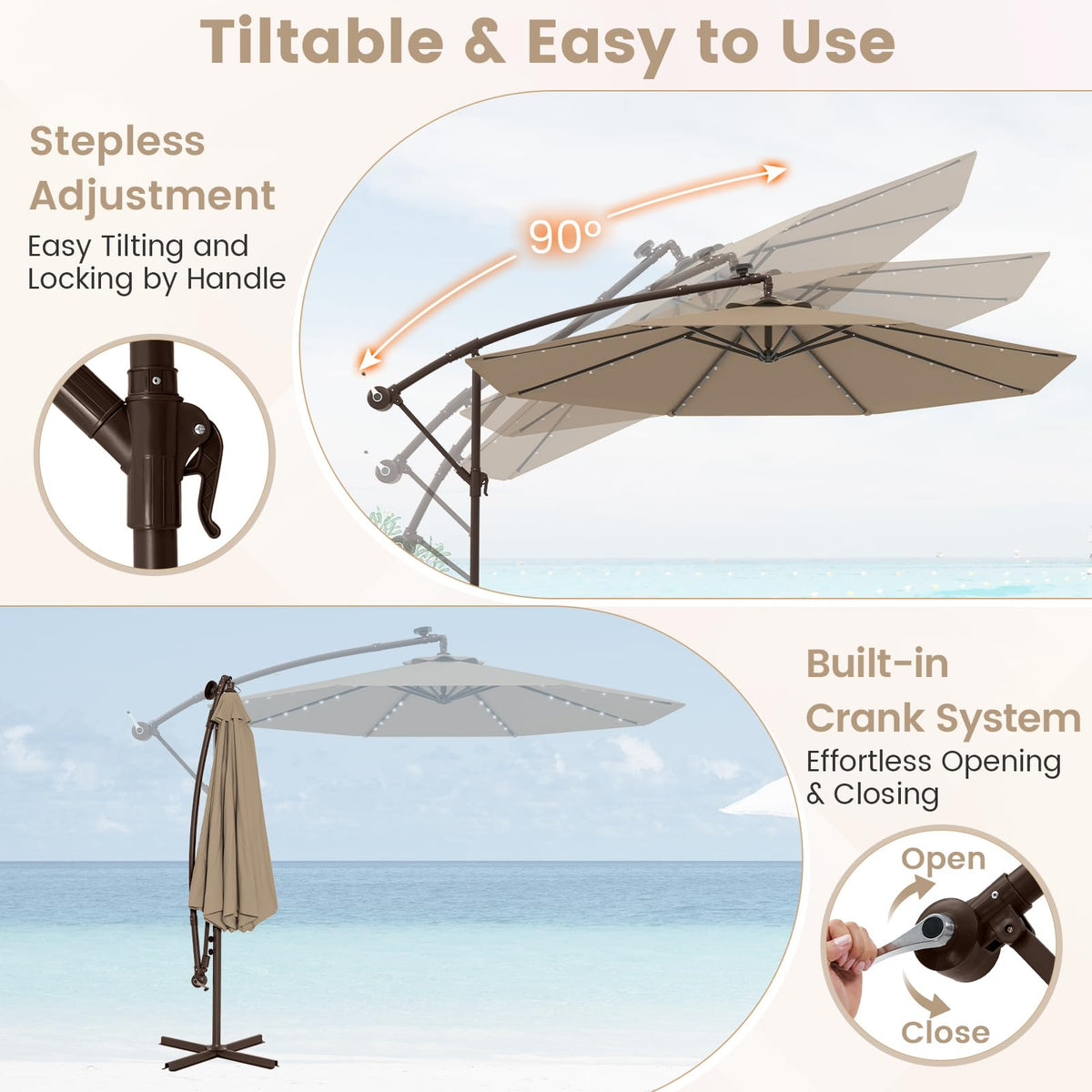 10FT Offset Patio Umbrella with Base and 40 Solar LED Lights I2047
