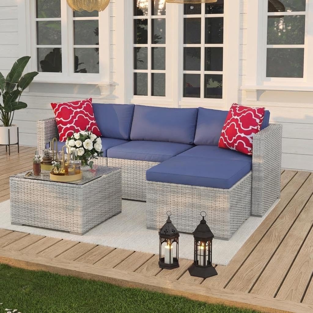 5-Piece Wicker Patio Furniture Set with Cushions & Coffee Table E894
