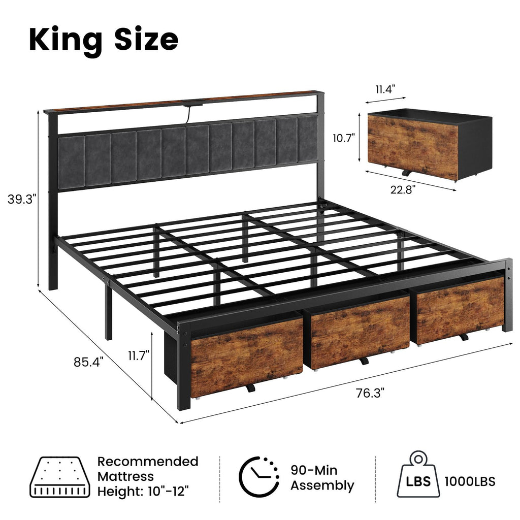King Size Bed Frame with Storage Headboard and 3 Drawers V863