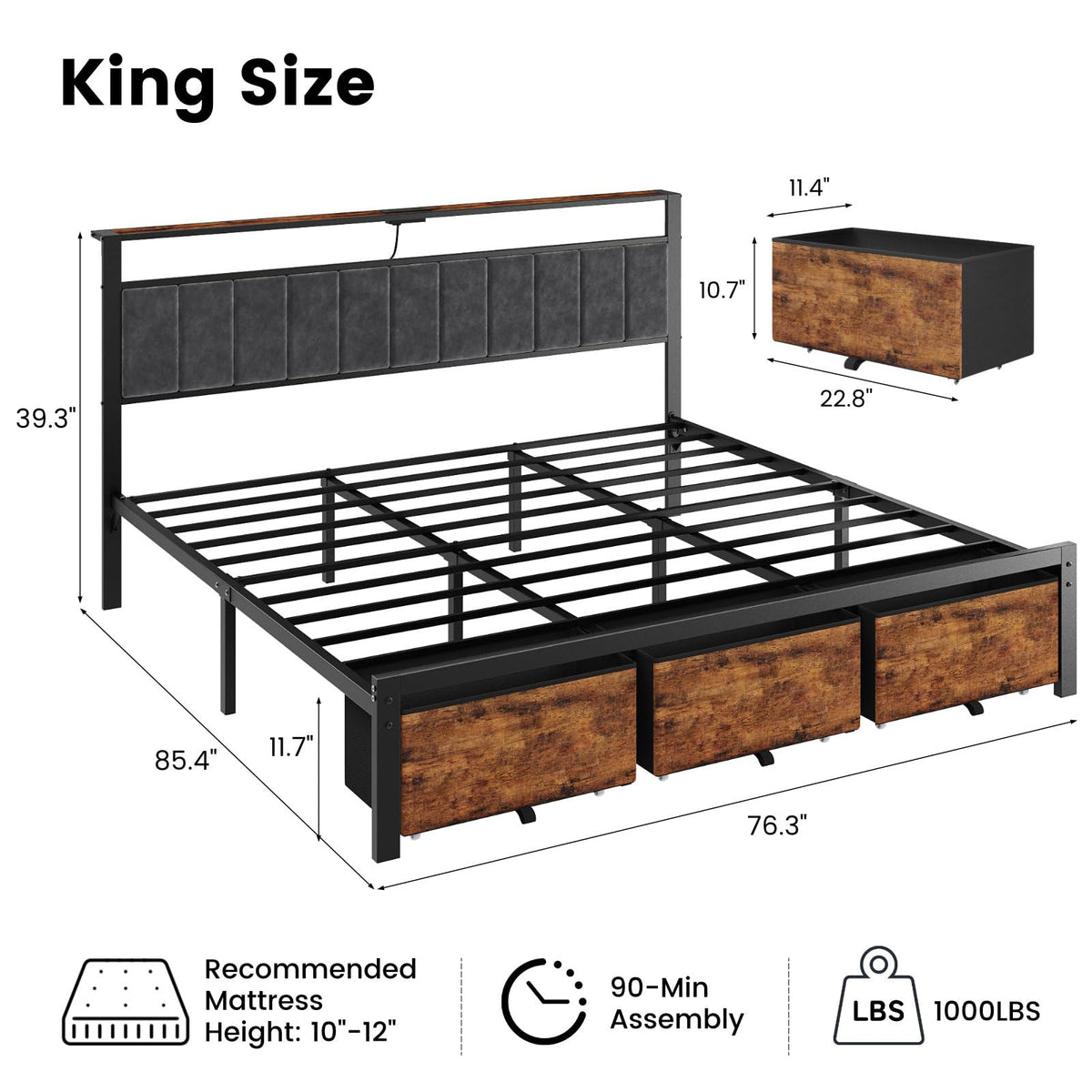 King Size Bed Frame with Storage Headboard and 3 Drawers V863