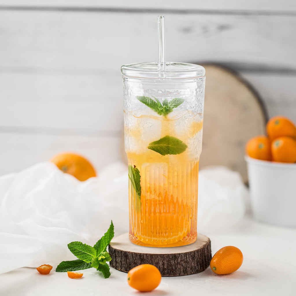 22 oz Clear Borosilicate Glass Tumbler with Straw and Lid, Set of 2 F312478
