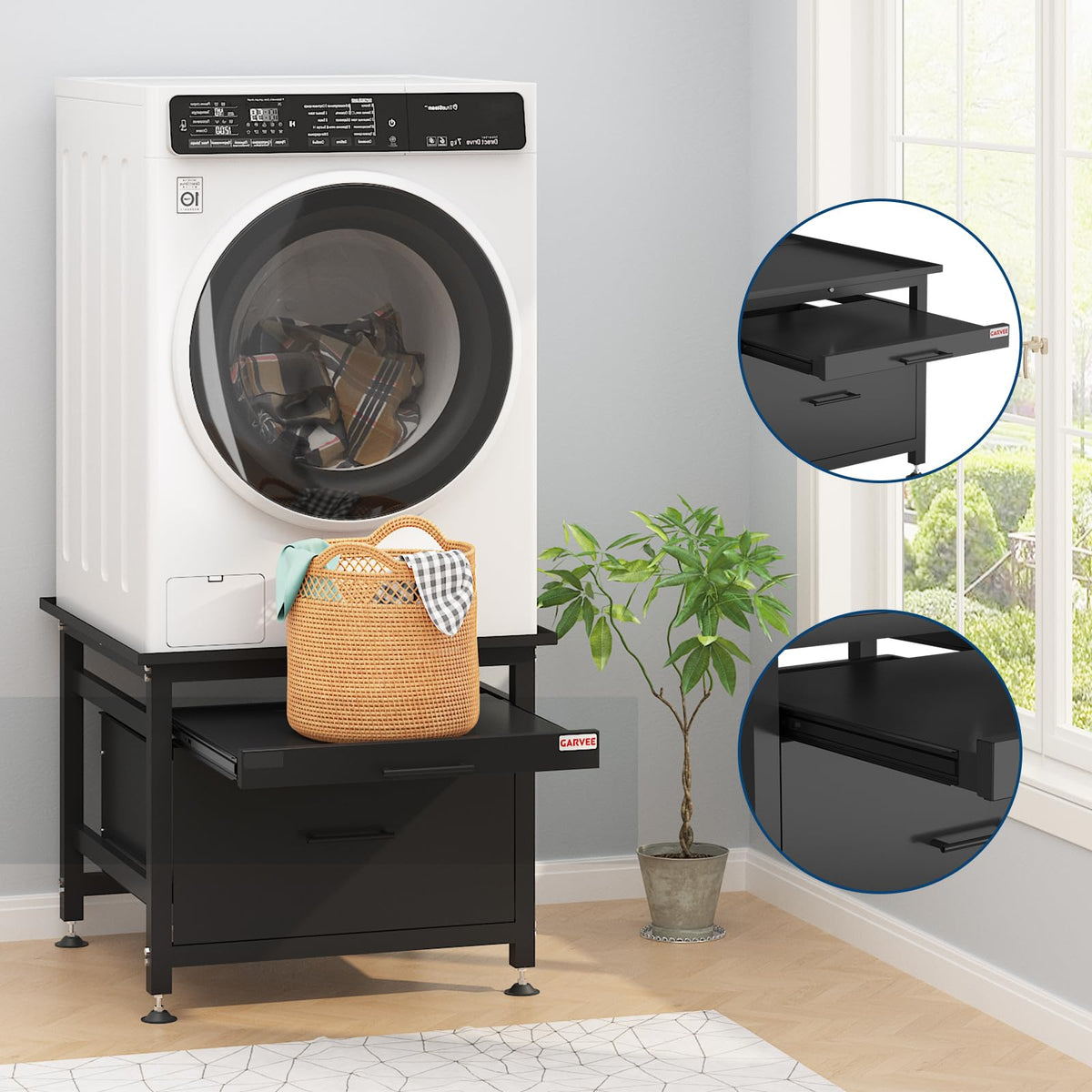 29" Black Metal Washer and Dryer Pedestal with Drawer V39024