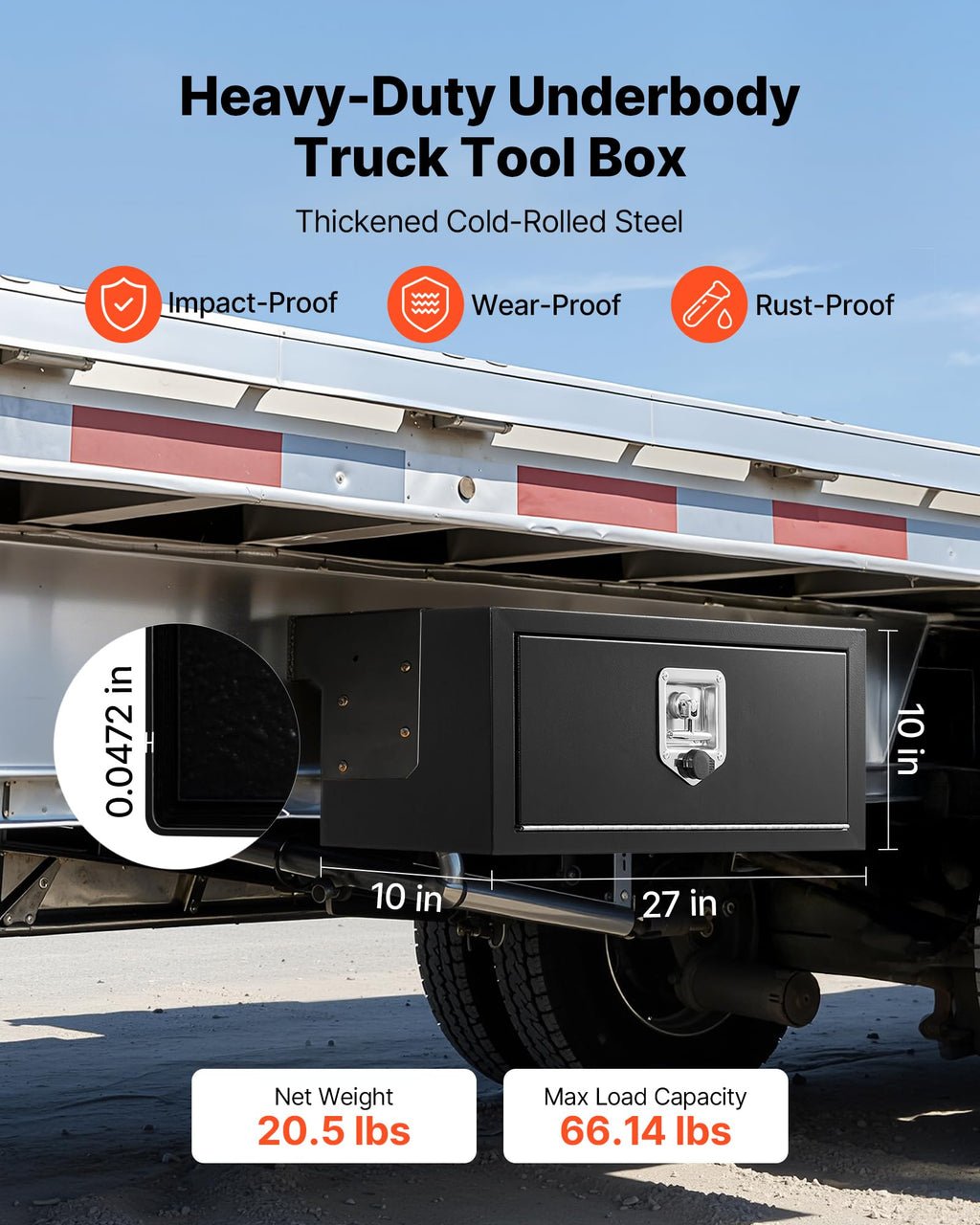 Underbody Truck Tool Box 27 x 10 x 10 Inch Heavy Duty Steel with Lock & Keys Black Q906