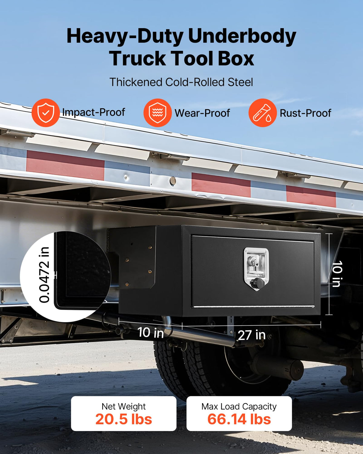 Underbody Truck Tool Box 27 x 10 x 10 Inch Heavy Duty Steel with Lock & Keys Black Q906