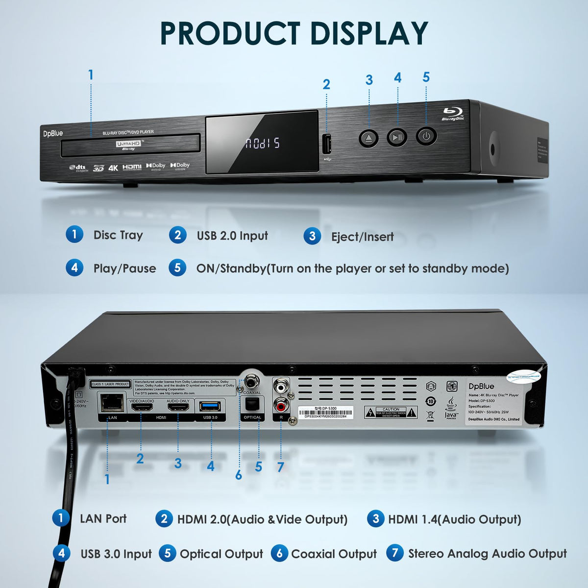 4K UHD Blu Ray DVD Player with Dolby Vision Atmos HDR10 Twin HDMI K502