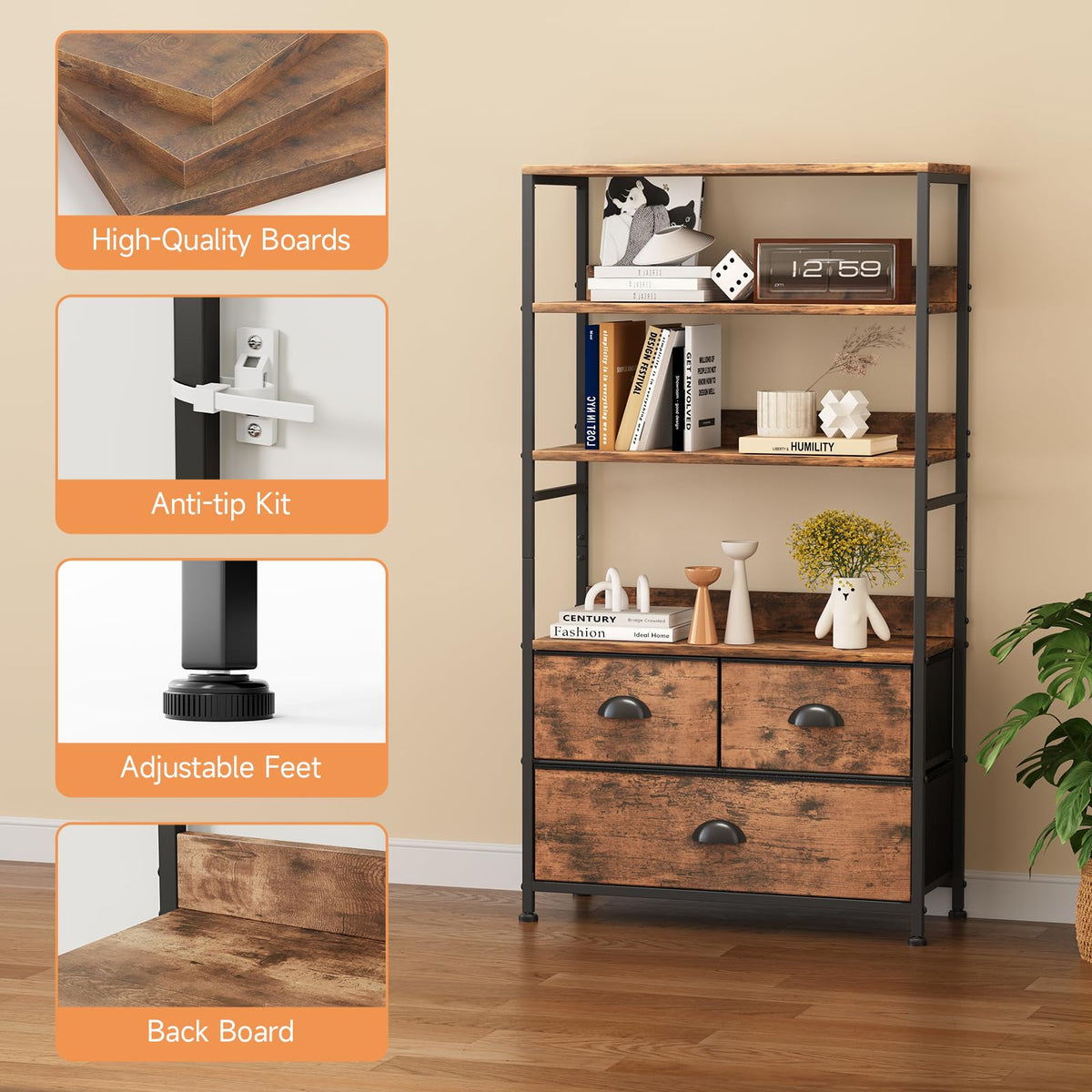 47-Inch 6 Tier Wood and Metal Bookshelf with 3 Fabric Drawers C901157