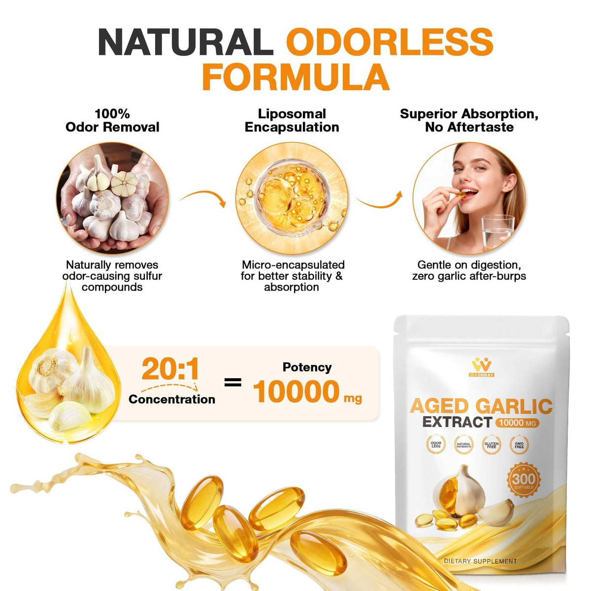 Odorless Garlic Extract Softgels 10000mg 300 Count D115