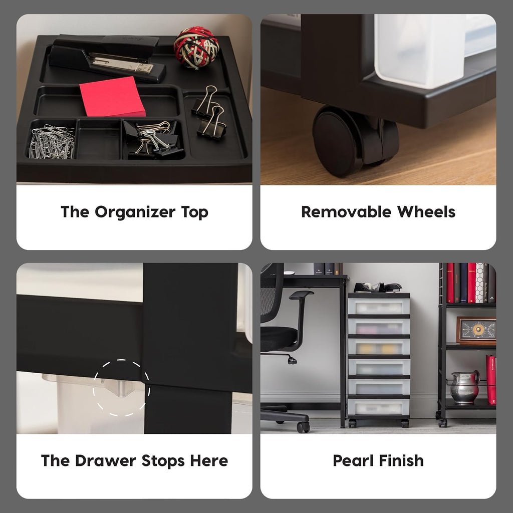 6 Drawer Rolling Storage Cart with Organizer Top, Black M4422