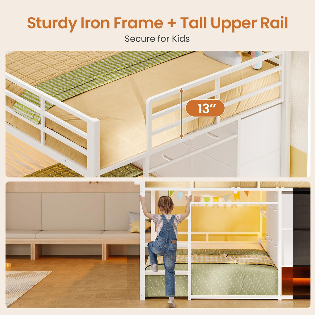 White Full Over Twin Bunk Bed with 6 Drawers and LED Lights F10371