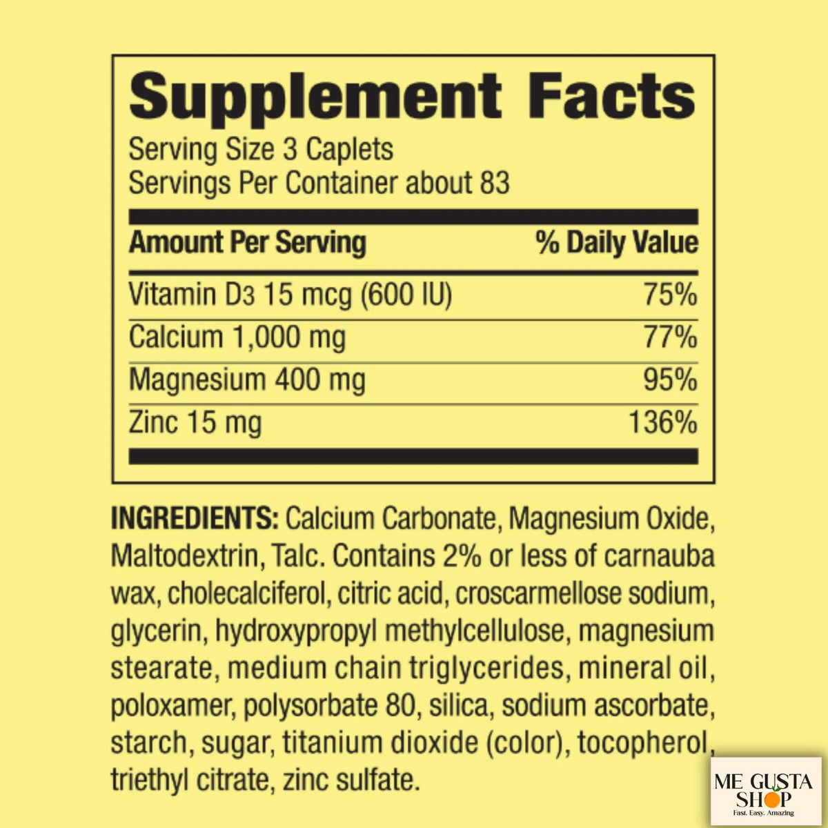 Calcium Magnesium Zinc Plus Vitamin D3 Caplets 500 Count M135751
