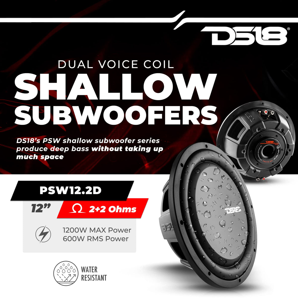 12" Shallow Mount Subwoofer 1200 Watts Max Power Dual Voice Coil 2+2 OHMS Water Resistant I543338