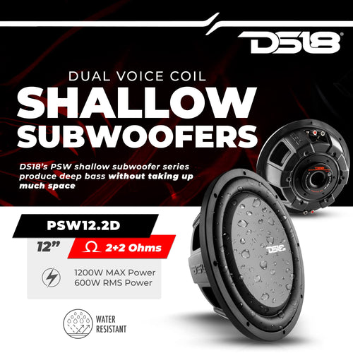 12" Shallow Mount Subwoofer 1200 Watts Max Power Dual Voice Coil 2+2 OHMS Water Resistant I543338