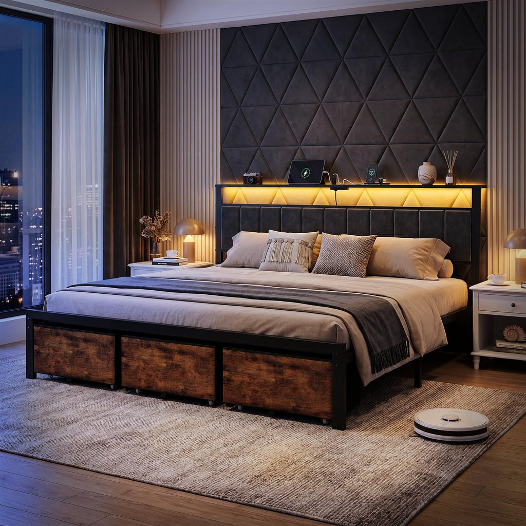 King Size Bed Frame with Storage Headboard and 3 Drawers V863