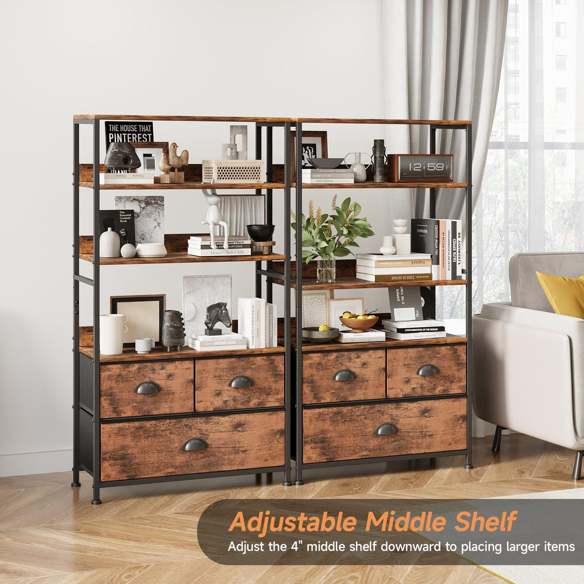 47-Inch 6 Tier Wood and Metal Bookshelf with 3 Fabric Drawers C901157