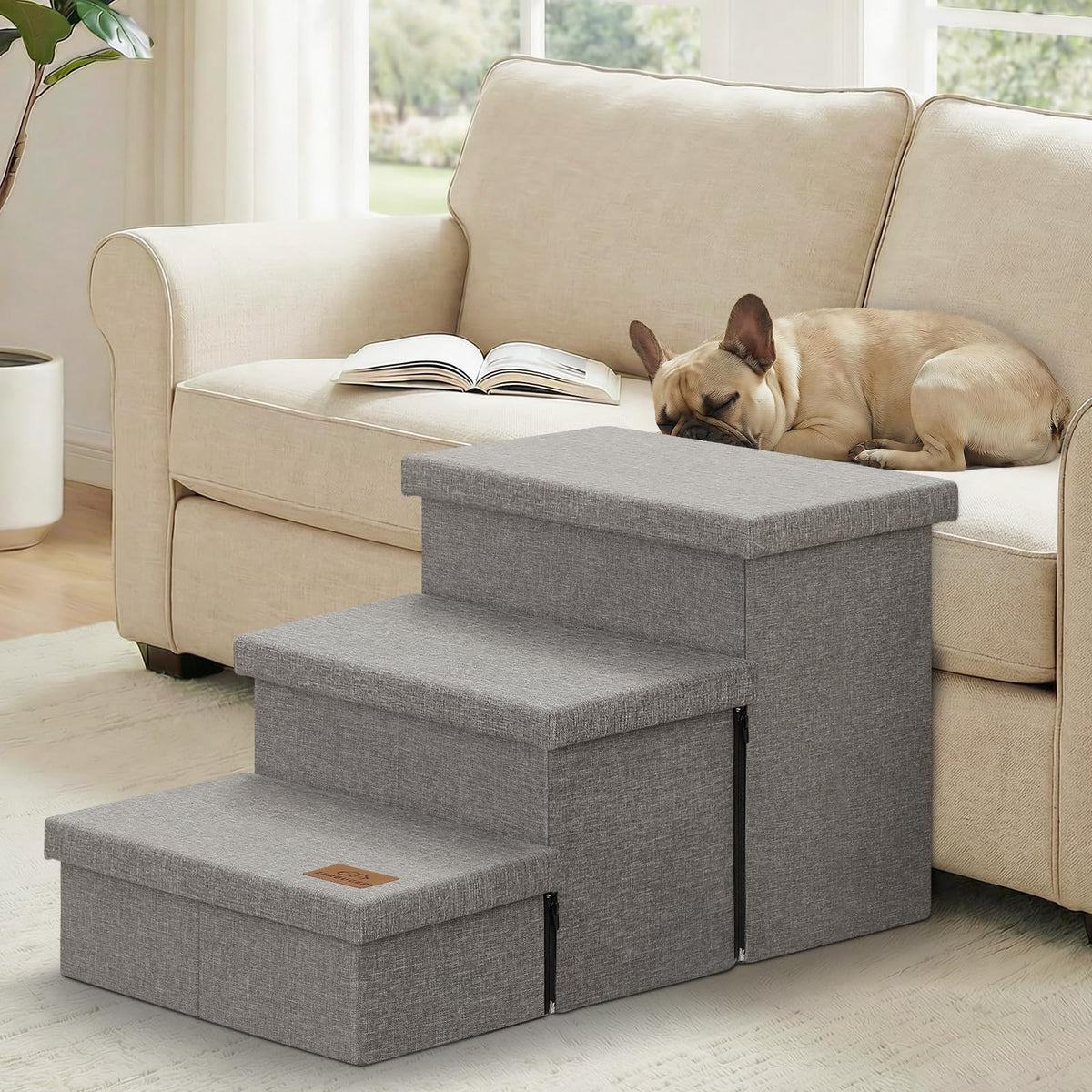 Grey 3 Steps Dog Stairs with Storage Z497