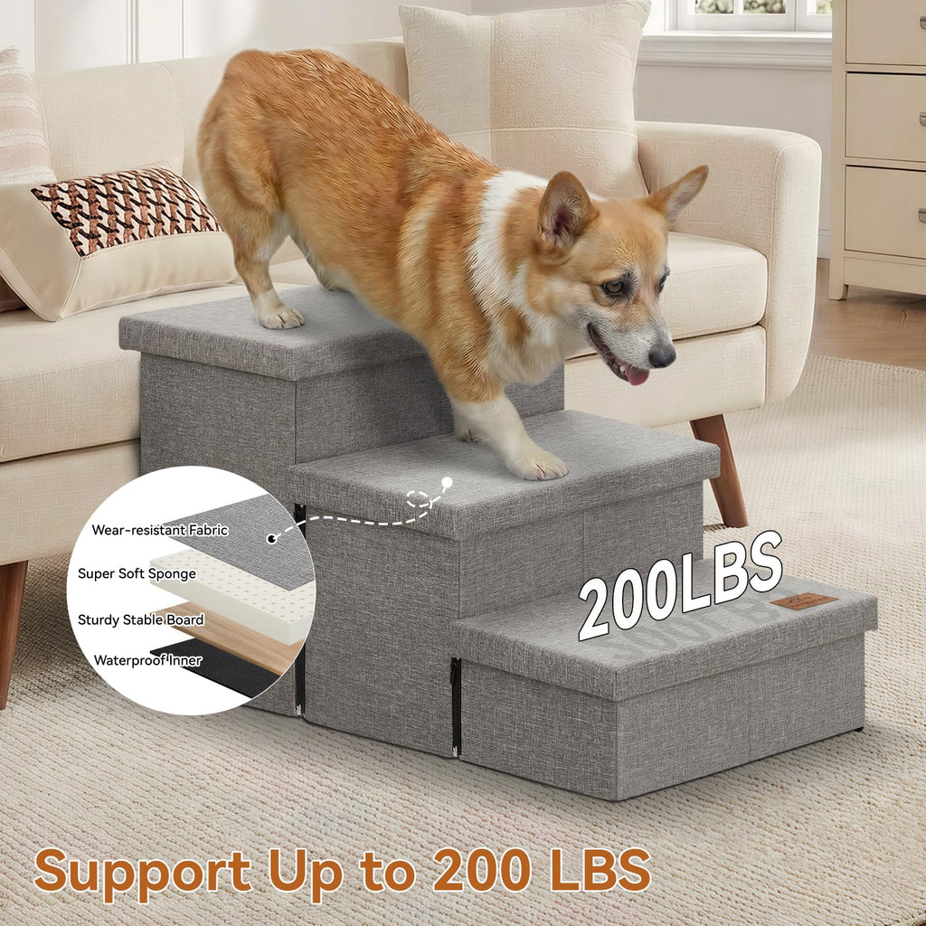 Grey 3 Steps Dog Stairs with Storage Z497